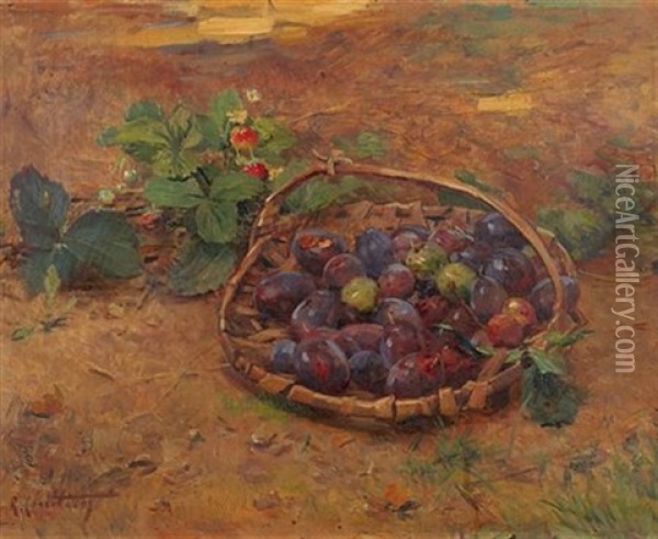 Un Panier De Prunes Et Fraises Oil Painting - Rene Louis Chretien