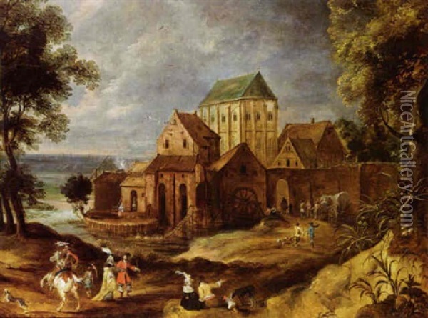 A Landscape With A Falcon Hunting Party Returning Outside The Walls Of A Town Oil Painting - Pieter Meulener