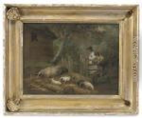 Depicting Two Figures Admiring Their Pigs In A Gilt-wood Frame Oil Painting - George Morland