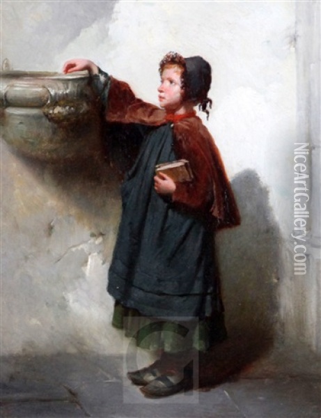 Young Girl Beside A Font Oil Painting - Francois-Louis Lanfant