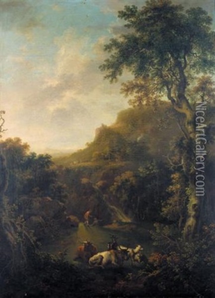 An Extensive Landscape With Cattle In The Foreground And Drovers Resting Beyond Oil Painting - George Barret