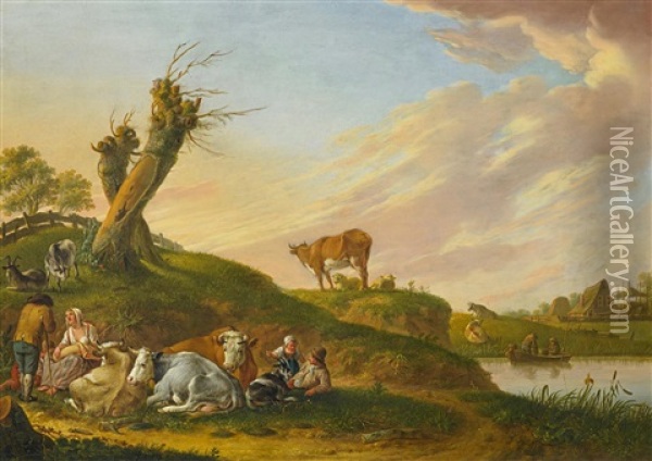Hirten Mit Ihrem Vieh Unter Kopfweiden Oil Painting - Heinrich Wilhelm Schweickardt