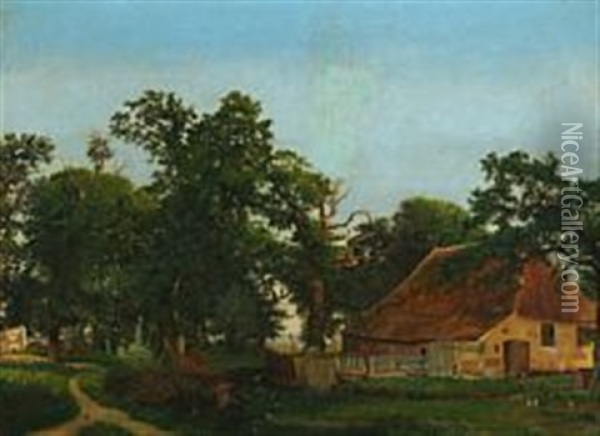 Farm Scenery At The Edge Of A Forest Oil Painting - Heinrich Buntzen