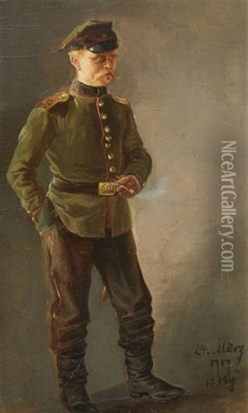 Self Portrait In Uniform Oil Painting - Hugo Muehlig