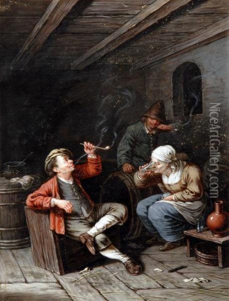 A Pair, Tavern Interior, With Figures, Smoking Drinking And Playing Cards Oil Painting - Isaack Jansz. van Ostade