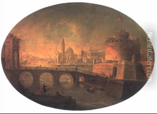 Phantastische Ansicht Von Rom Mit Dem Tiber Und Der         Engelsburg Oil Painting - Antonio Joli
