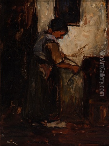 Lighting The Stove Oil Painting - Suze Bisschop-Robertson