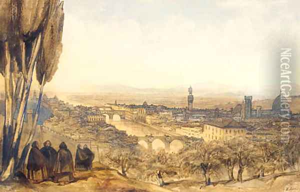 View of Florence from the Basilico, San Miniato al Monte, Monte Cruce Oil Painting - Edward Lear