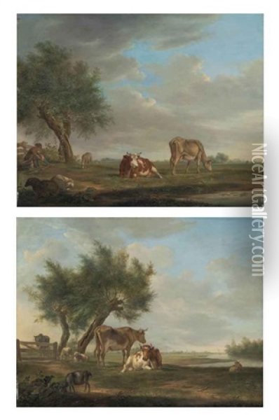 A Wooded Landscape, A Shepherd With Sheep And Cattle By A Pond (+ A Wooded, River Landscape With Cattle, Sheep And A Goat; Pair) Oil Painting - Johannes I Janson