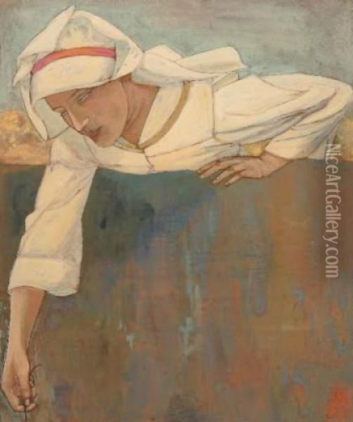 Jeune Femme Au Fil Oil Painting - Walter Sauer
