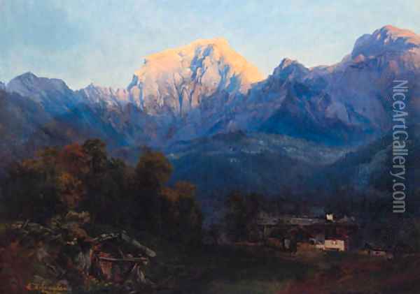 A Swiss Alpine Landscape Oil Painting - Edward Theodore Compton