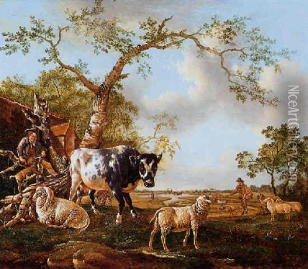 Weids Landschap Met Een Herdersjongen, Een Koe En Schapen Oil Painting - Barend Hendrik Thier