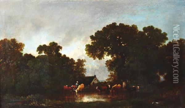 Landschap Met Koeien Bij Een Drenkplaats Oil Painting - Leon Victor Dupre