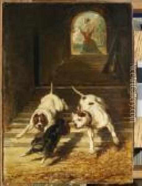 Deux Chiens Poursuivant Un Chat Oil Painting - Alfred De Dreux