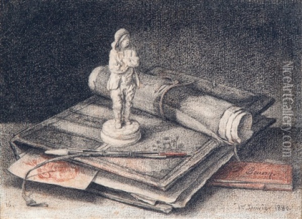 A Still Life With A Portfolio Of Drawings And A Little Sculpture On Top Oil Painting - Francois Bonvin