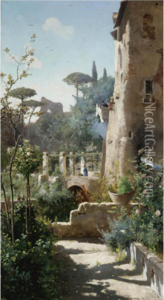 Italian Villa Oil Painting - Othmar Brioschi