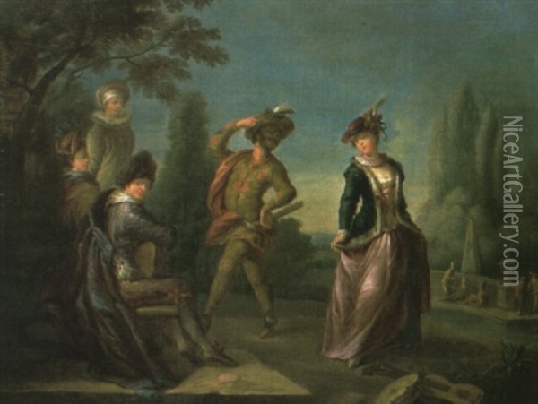 Performance Of The Commedia Dell'arte In A Landscape Oil Painting - Nicolas Lancret