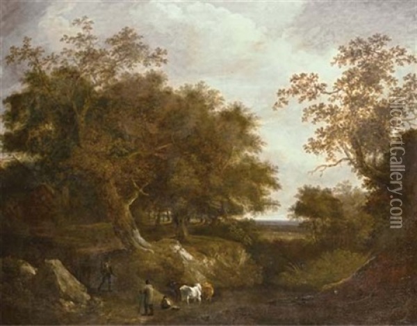 Travelers On A Path With Cattle Watering At A Pond In A Wooded Landscape Oil Painting - Thomas Barker