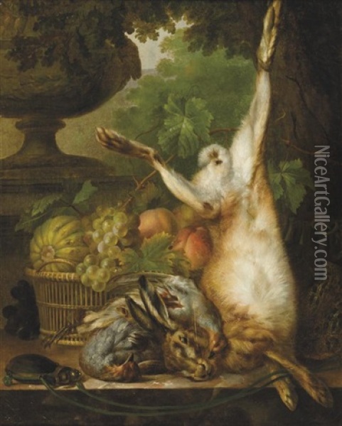 Nature Morte Au Lievre Devant Un Panier De Fruits Oil Painting - Pieter Gerardus Van Os