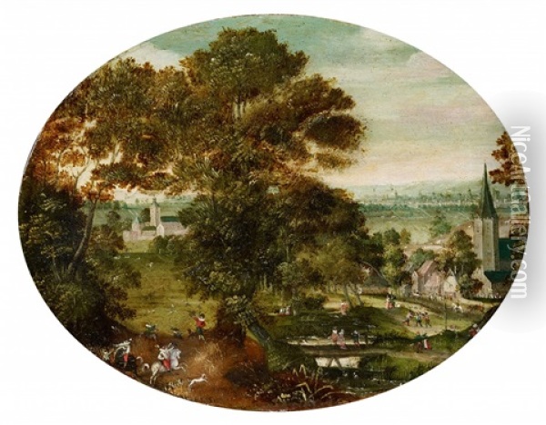 A Village Landscape With Hunters Oil Painting - Jacob Savery the Elder