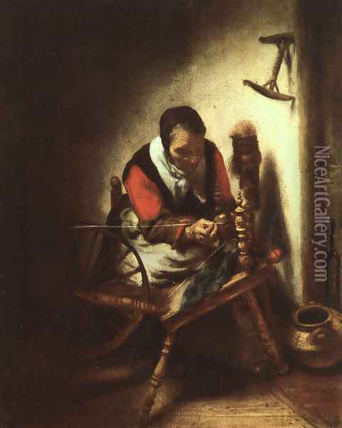 A Woman Spinning 1655 Oil Painting - Nicolaes Maes