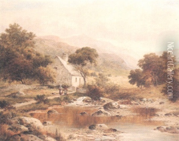 An Old Welsh Homestead And Mountain Stream Near Barmouth Oil Painting - William Henry Mander