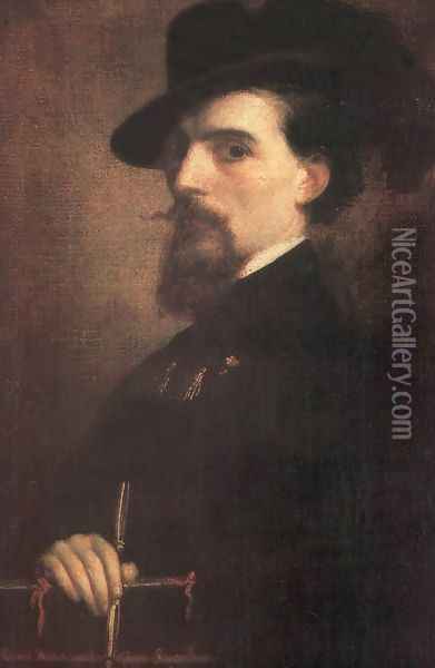 Self-portrait with Kossuth-hat 1850 Oil Painting - Mihaly Kovacs