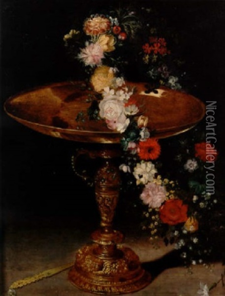 A Swag Of Flowers Decorating A Silver-gilt Tazza Oil Painting - Jan Brueghel the Elder