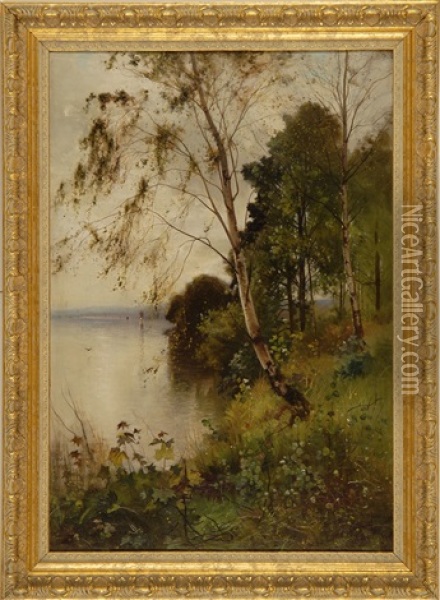 Birches Along The Water's Edge Oil Painting - Ernest Parton