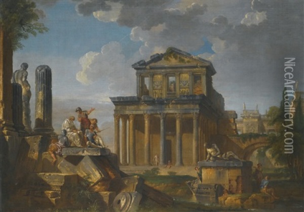 Capriccio Of Classical Ruins, Including The Temple Of Antonio And Faustina Oil Painting - Giovanni Paolo Panini
