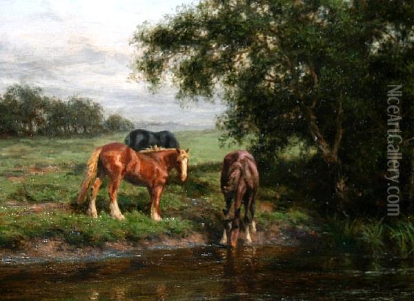 Horses Watering At A Riverside Oil Painting - Joseph Dixon Clark