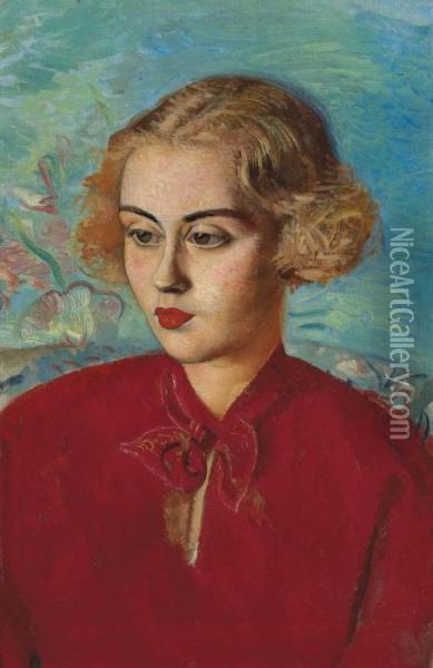 Woman In Red Oil Painting - Boris Dimitrevich Grigoriev