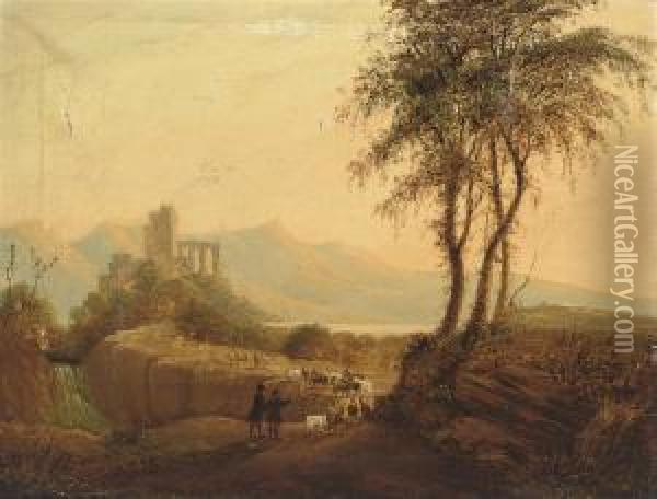 An Italianate River Landscape 
With Drovers And Their Goats In Theforeground, Ruins Beyond Oil Painting - Robert Edge Pine