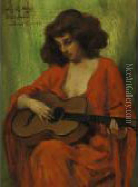 Lady In Red Playing A Guitar Oil Painting - Irving Ramsay Wiles