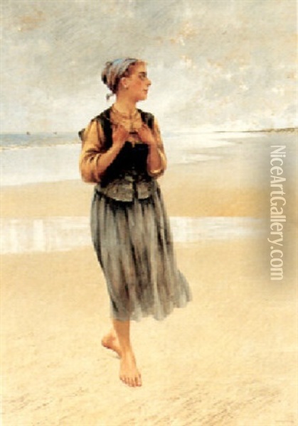 A Fisherwoman On A Shore Oil Painting - August Vilhelm Nikolaus Hagborg