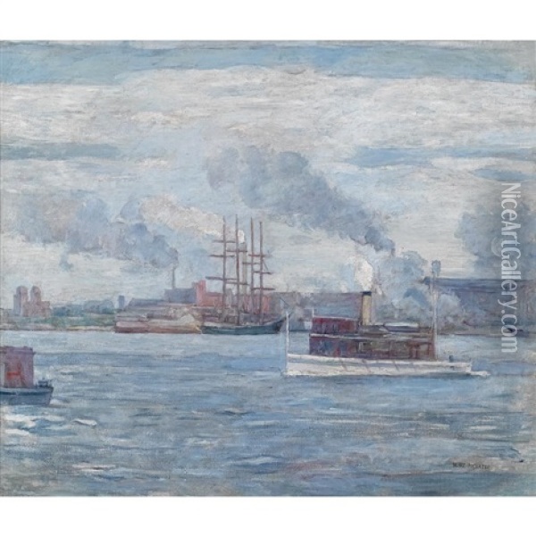 Steam Ships In An Industrial Harbor Oil Painting - Henry McCarter
