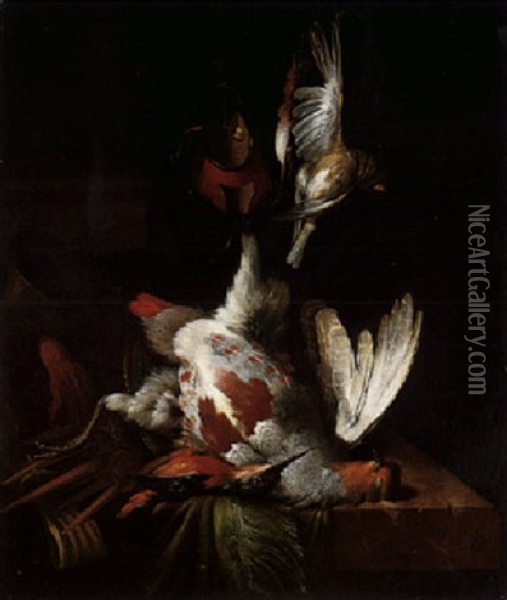 A Still Life Of A Grouse, A Kingfisher And Other Birds Upon A Stone Ledge Oil Painting - William Gowe Ferguson