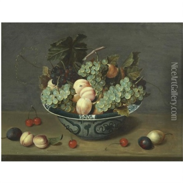 Still Life With Peaches And White And Red Grapes In A Chinese Wan-li Porcelain Bowl On A Ledge With Plums, Cherries And Apricots Oil Painting - Jacob van Hulsdonck