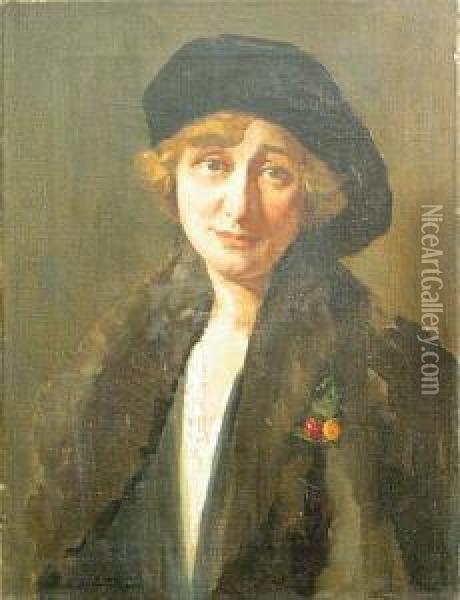 A Portrait Of A Lady In A Black Hat,1920 Oil Painting - Charles E. Waltensperger
