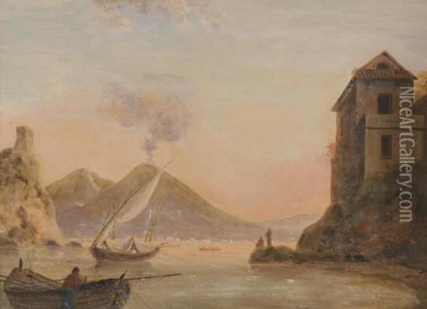 A Xebec Anchored Off The Neapolitan Coast With Vesuvius Erupting Beyond Oil Painting - John Thomas Serres