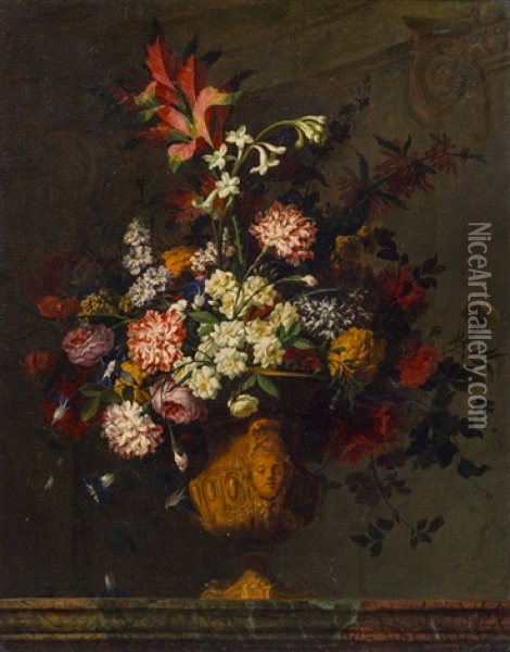 Blumenstraus In Reliefierter Vase Oil Painting - Jean-Baptiste Belin de Fontenay the Elder