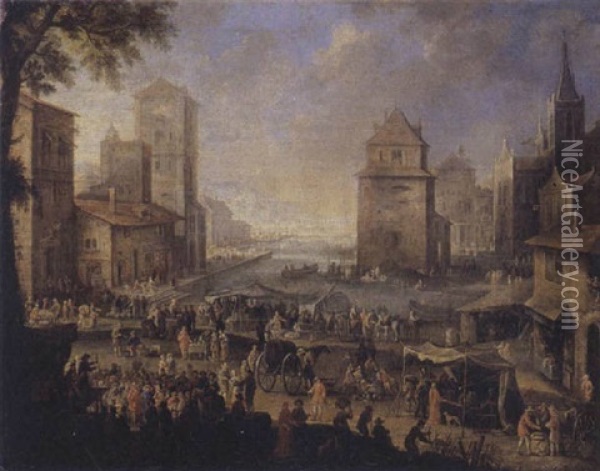 Harbor Scene With Merchants And Elegant Figures At A Market Oil Painting - Jan-Baptiste van der Meiren