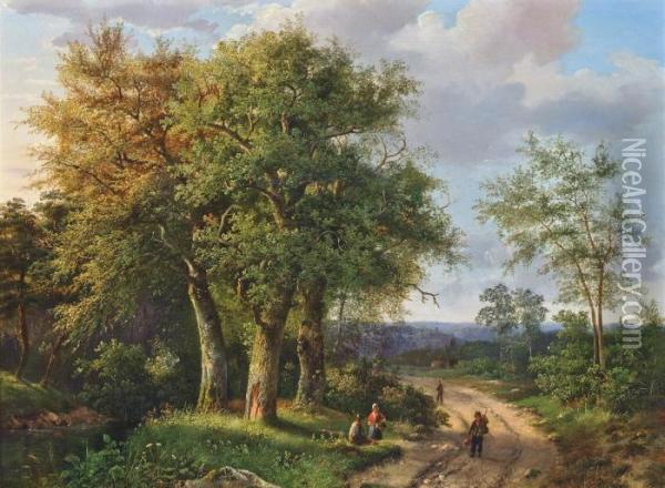 Travellers Resting By A Woodland Path Oil Painting - Marianus Adrianus Koekkoek