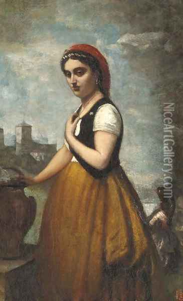 L'Italienne à la fontaine Oil Painting - Jean-Baptiste-Camille Corot