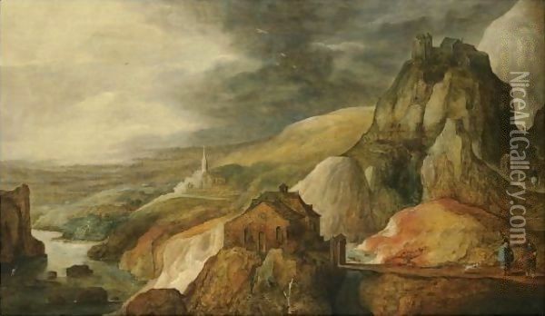 A Panoramic Mountainous Landscape Oil Painting - Joos De Momper