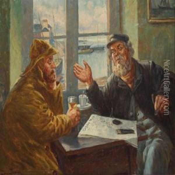 Scenery With Two Fishermen Conversating Oil Painting - Olaf Simony Jensen
