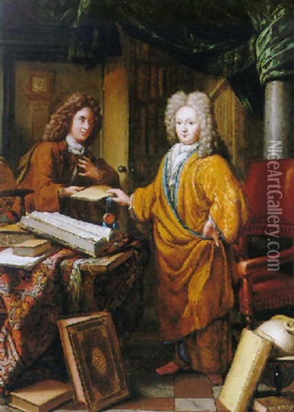 A Scholar With His Secretary In A Study Oil Painting - Hermann Collenius