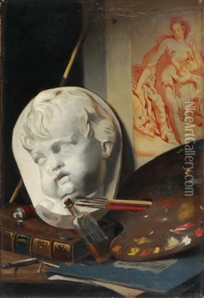 Trompe L'oeil, Hommage An Elizabeth Pfenninger, 20. Jh Oil Painting - Carl Theodor Meyer-Basel