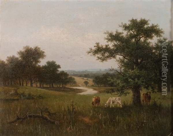 Landscape With Cows Oil Painting - Hendrik Pieter Koekkoek
