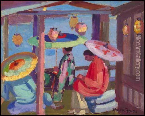 Chinatown Tea House Oil Painting - Statira E. Frame